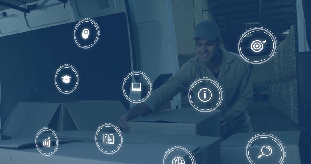 Warehouse Worker Managing Logistic Processes with Digital Interface