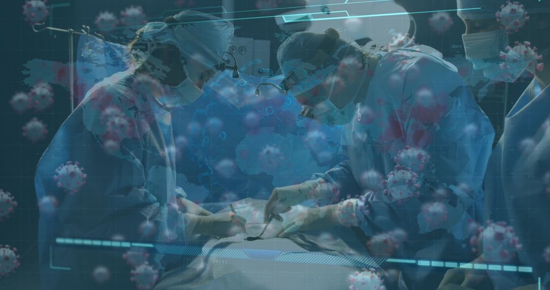 Surgical Team Performing Operation Amidst Digital Virus Display