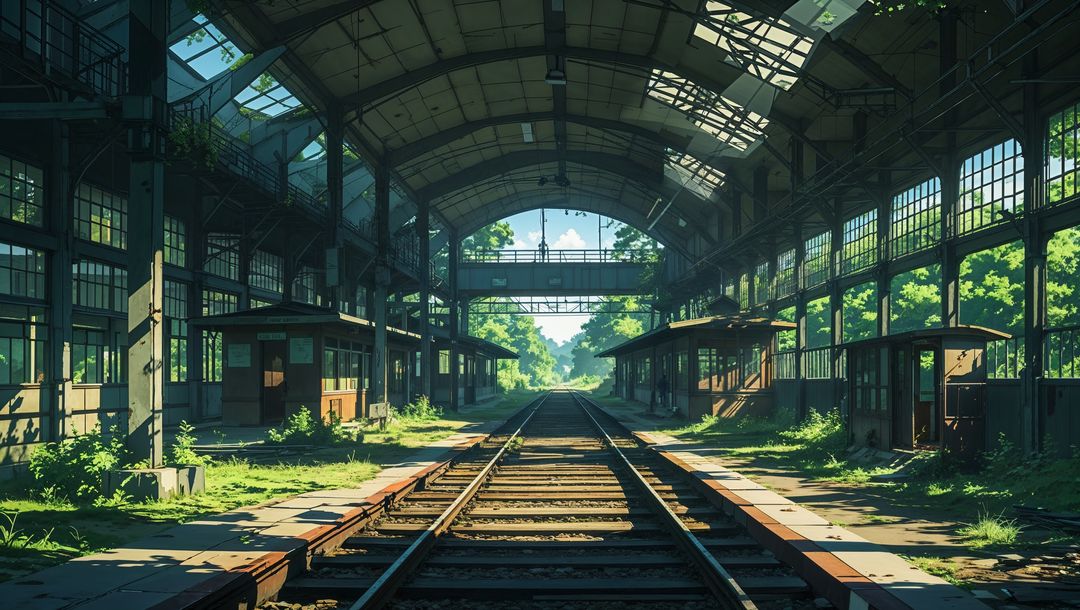 Abandoned anime railway station with overgrown beautification