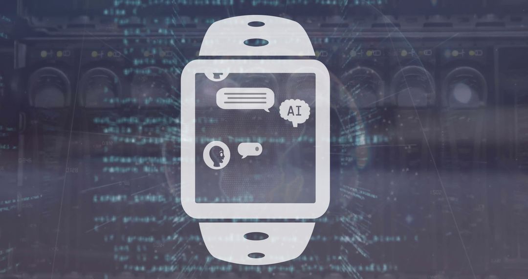 AI Chat Interface on Smartwatch with Futuristic Coding Background