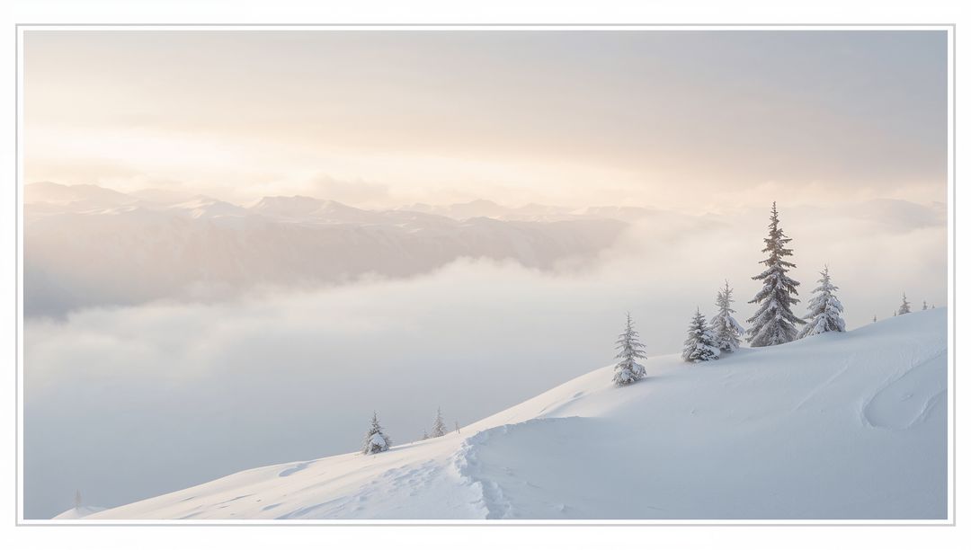 Snow-covered Alpine Ridge with Fir Trees and Single Track Leading into Soft Misty Sunrise