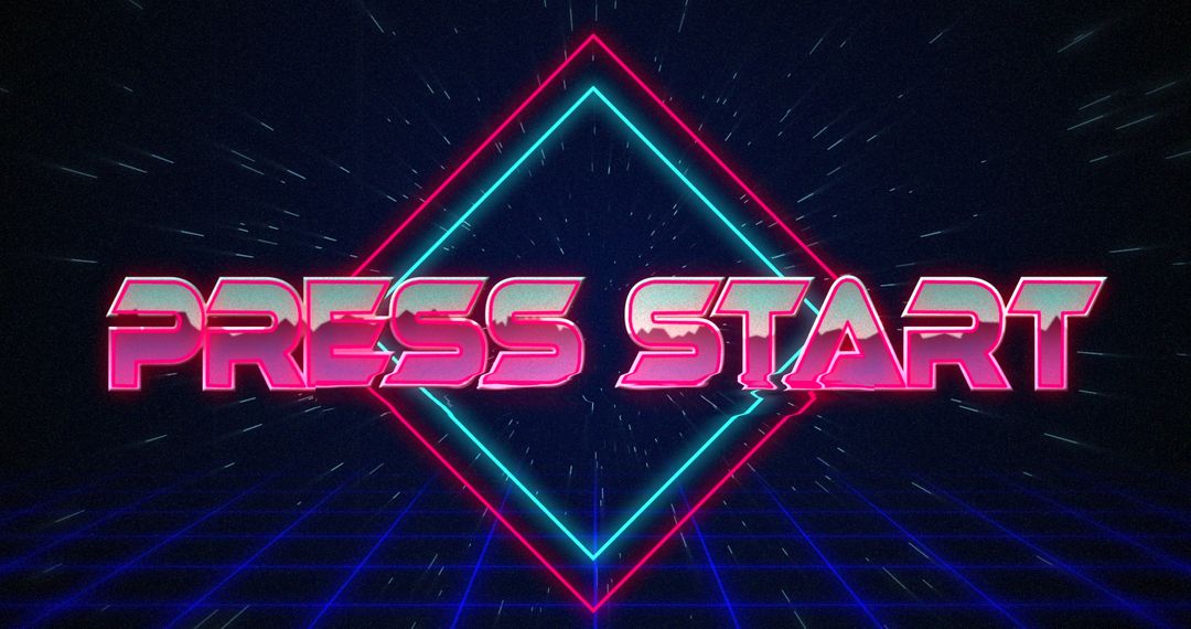 Glitchy Retro Press Start Text Over Neon Background