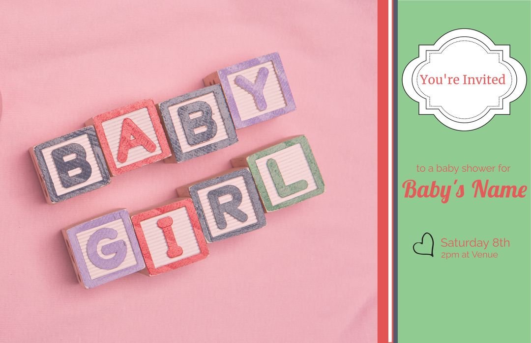 Baby Girl Shower Invitation with Blocks on Pink Background - Download Free Stock Templates Pikwizard.com