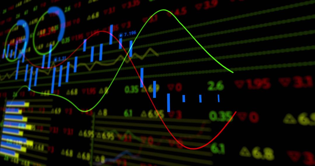 Abstract trading dashboard showing candlestick chart with neon trend lines and data curves