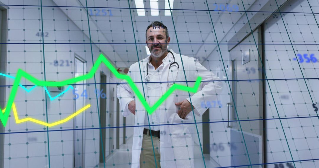 Doctor Standing in Corridor Analyzing Healthcare Data with Digital Graph Overlay