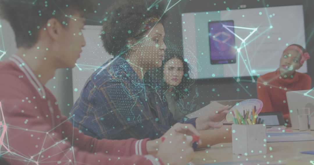 Diverse Team Meeting with Digital Network Overlay