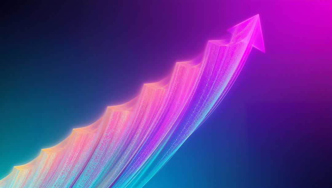Neon Growth Arrow Rising with Translucent Ribbon, Particle Texture and Futuristic Glow