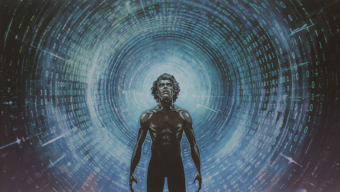 Bare-chested man standing and gazing upward inside binary vortex portal of data and AI