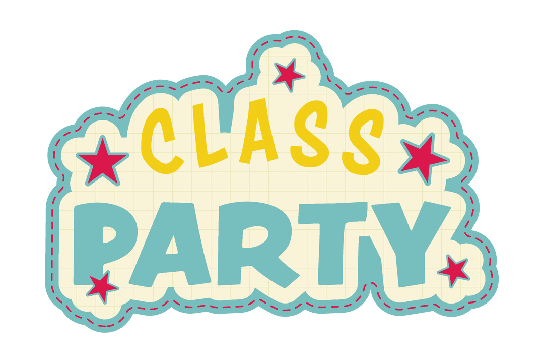 Digital Illustration of Class Party Text with Stars on Transparent Background