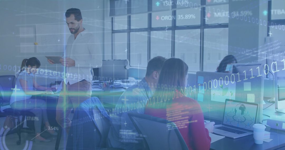 Innovative Office with Overlaid Digital Code Concept