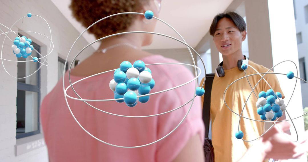 Teen Students Chatting on Campus with Augmented Reality Molecules, STEM Conversation