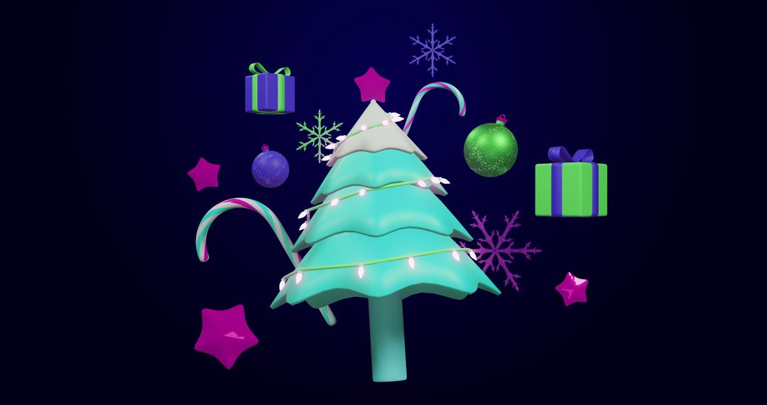 3D Neon Christmas Tree with Colorful Decorations