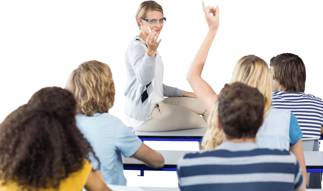 Transparent Classroom Scene with Female Student Raising Hand