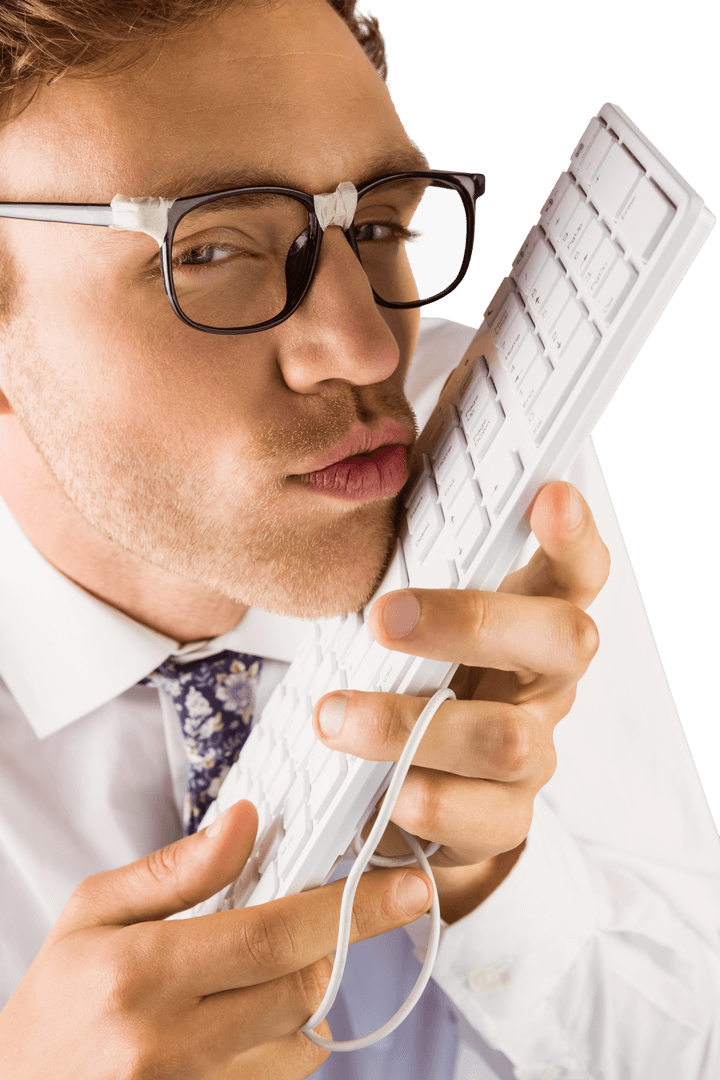 Geeky Entrepreneur Passionately Hugging Transparent Keyboard