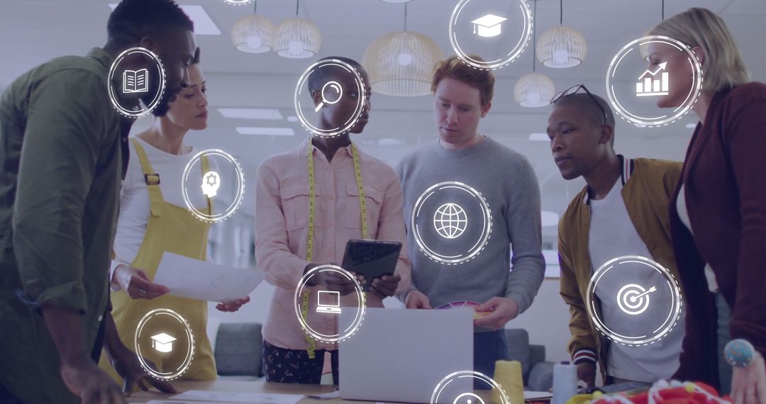 Creative Team Collaborating in Modern Workspace with Digital Overlays