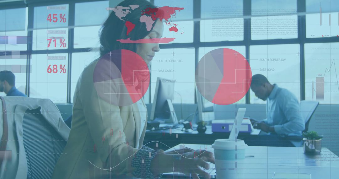 Businesswoman Analyzing Data in Modern Office with Statistics Visuals