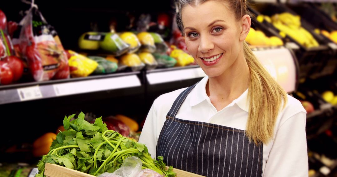 Smiling Female Grocery Worker Holding Fresh Vegetables - Free Images, Stock Photos and Pictures on Pikwizard.com