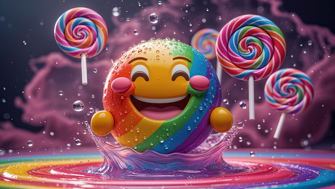 Playful Rainbow Emoji Splashing in Candy Environment