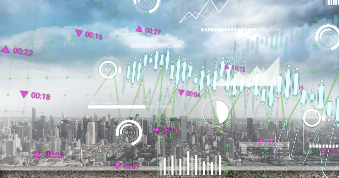 Cityscape with Digital Data Overlay Visualizing Analytics