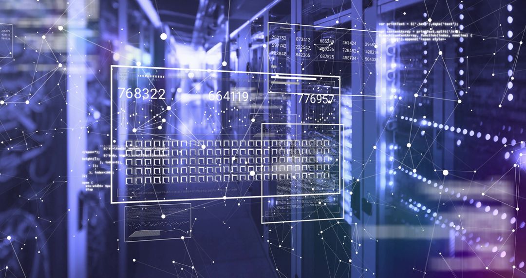 Futuristic Digital Interface Over Data Servers in Blue Light