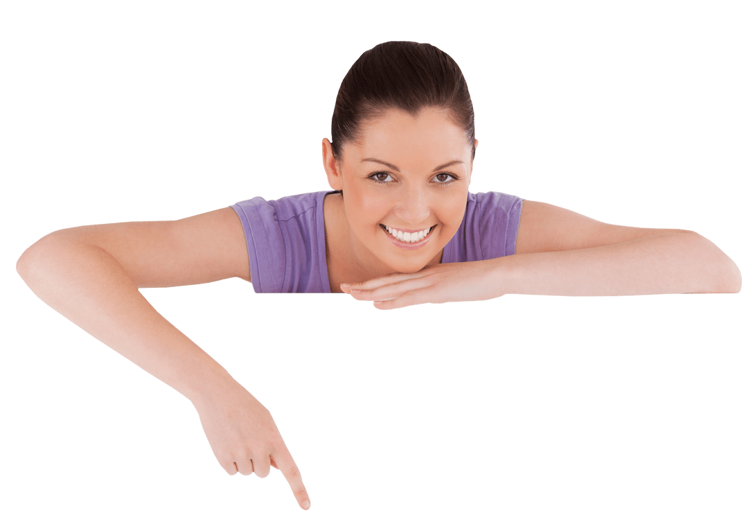 Smiling Woman Pointing Down Transparent Background Promotion