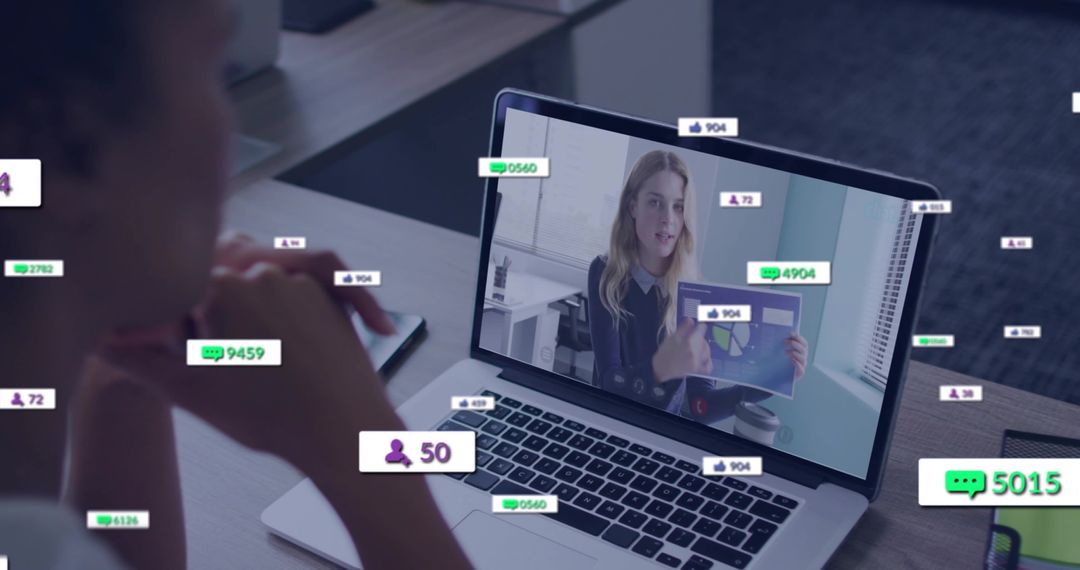 Woman Watching Presenter Discussing Chart on Laptop with Interactive Sownts Overlay