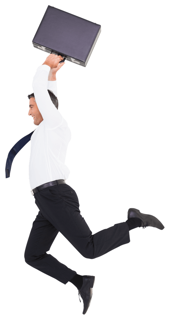Joyful Caucasian Businessman Jumping with Briefcase Transparent Background
