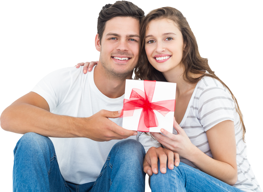 Smiling couple receiving gift with red ribbon on transparent background - Download Free Stock Images Pikwizard.com