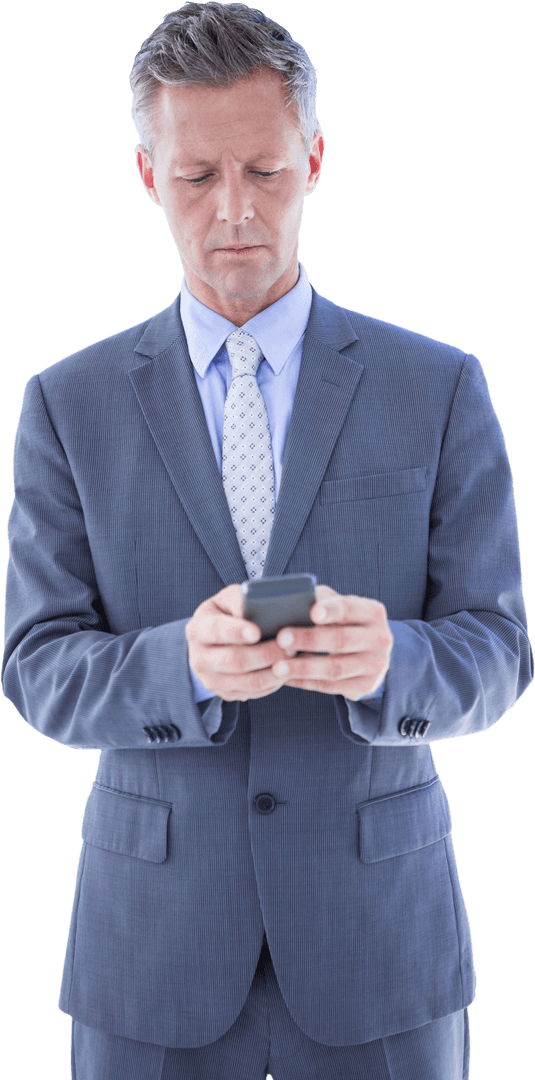 Businessman in Suit Using Mobile Phone With Transparent Background