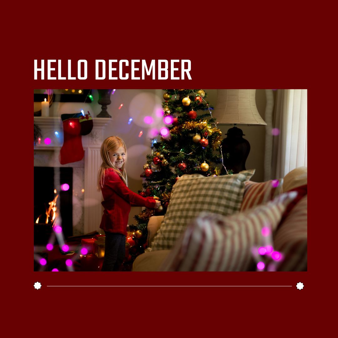 Excited Girl at Christmas Tree, Hello December Message - Download Free Stock Templates Pikwizard.com