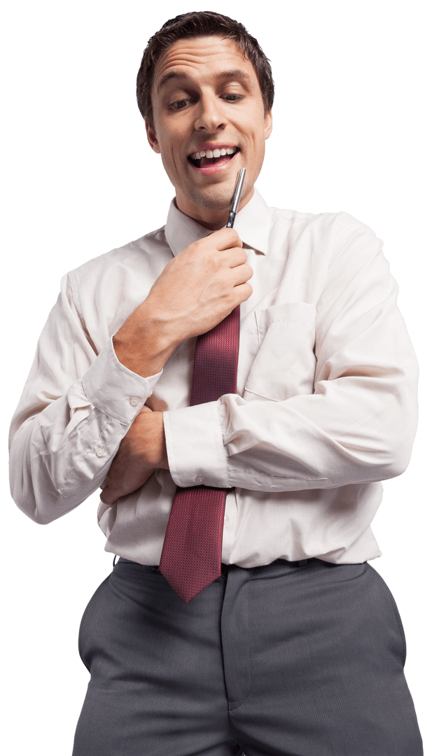 Transparent Happy Businessman Contemplating with Pen