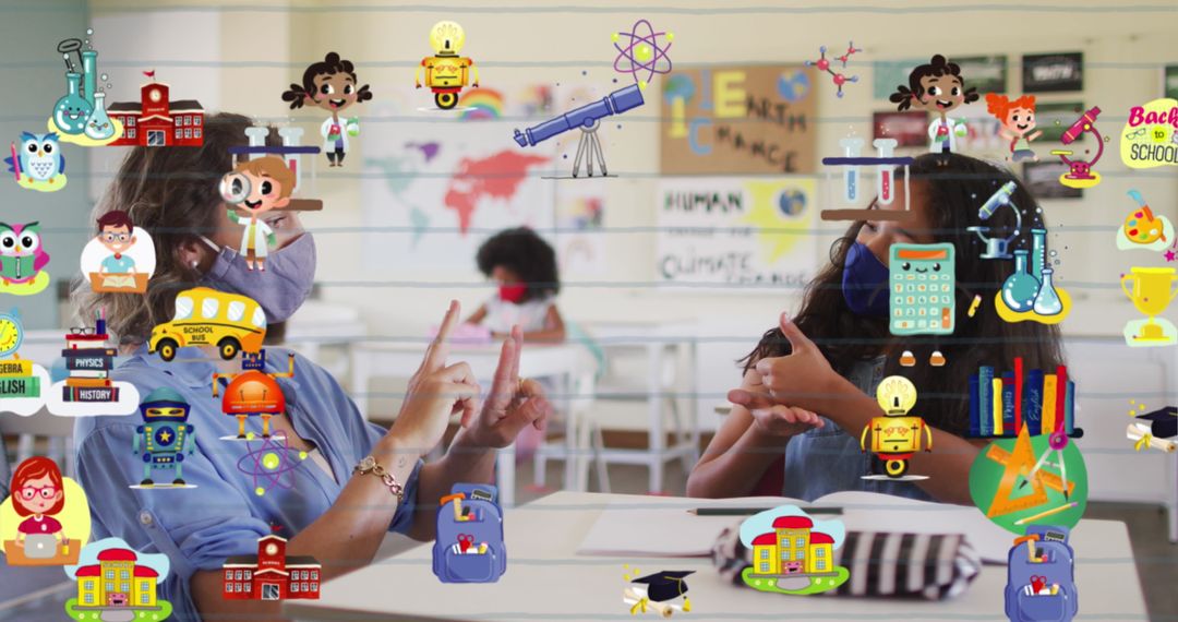 Teacher Using Sign Language with Student Surrounded by Education Icons