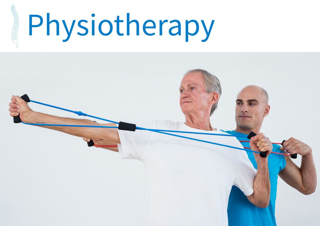 Senior Man Practicing Resistance Band Exercise with Physiotherapist