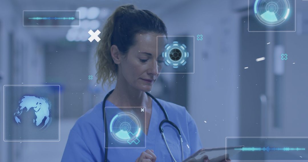 Nurse Interacting with Futuristic Digital Elements in Hospital Corridor
