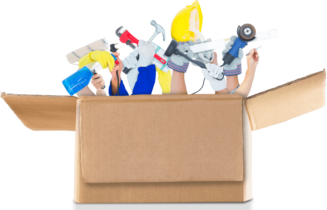 Hands Holding Diverse Tools Emerging from Open Box on Transparent Background