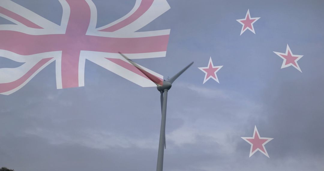 Wind Turbine with New Zealand Flag Symbolizing Renewable Energy