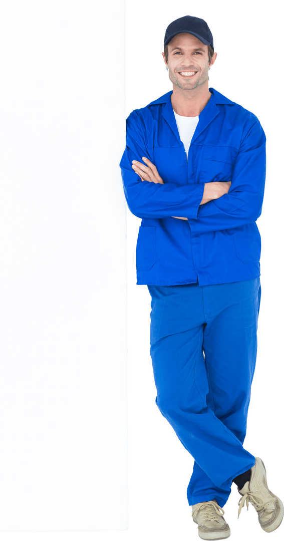 Confident Mechanic in Blue Uniform on Transparent Background