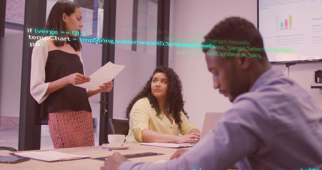 Businesswoman presenting document while colleagues collaborating with code overlay and analytics