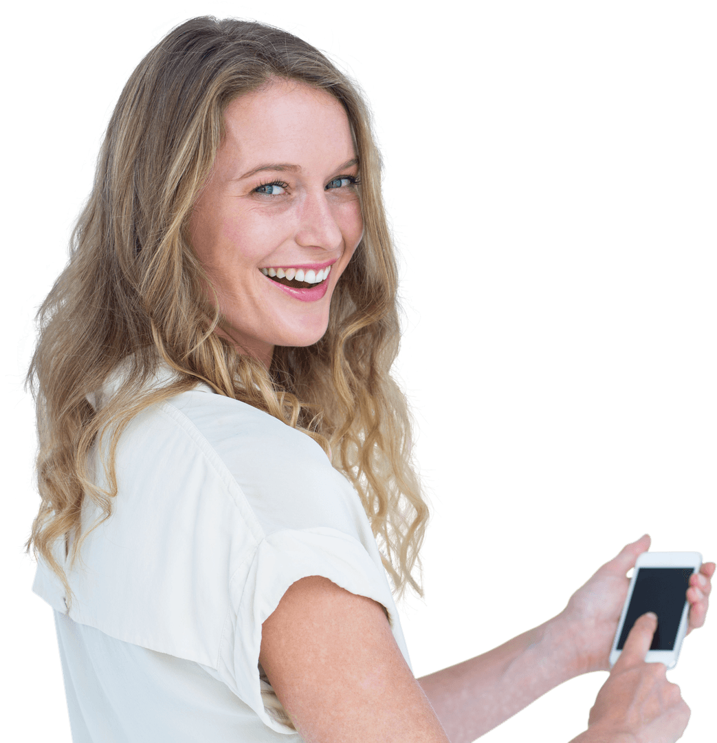 Happy Woman Holding Smartphone on Transparent Background Isolated