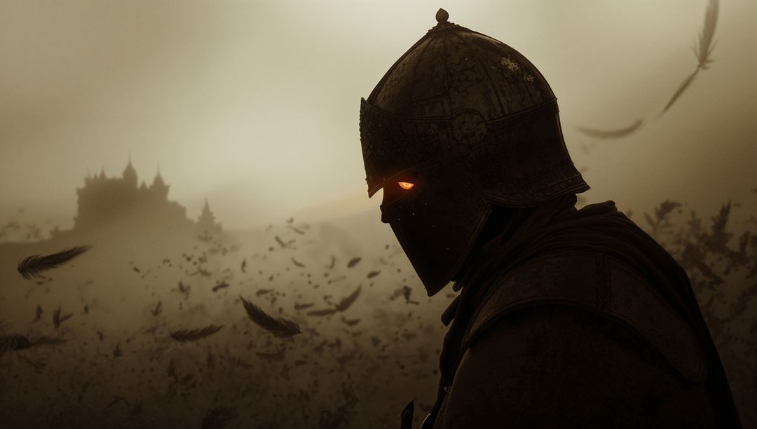 Medieval Knight Wearing Helmet amidst Mystical Skies