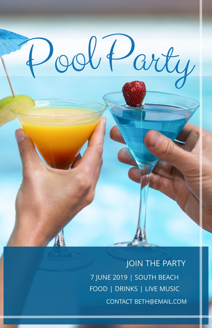 Vibrant Pool Party Invitation with Refreshing Cocktails