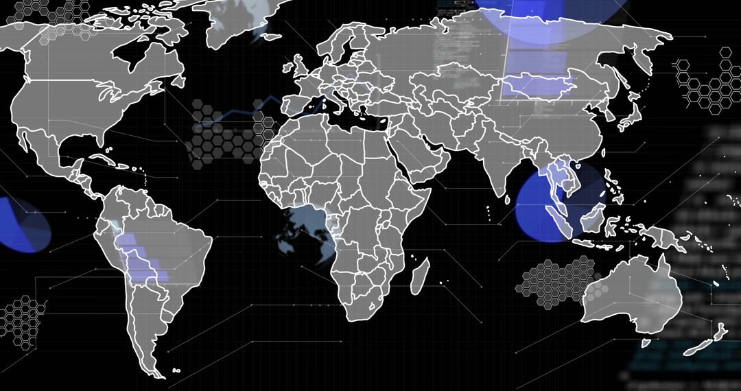 Futuristic World Map with Hexagon Overlays and Blue Highlights
