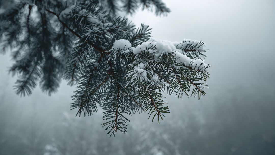 Evergreen branch bending under snow and holding frost crystals in misty winter forest