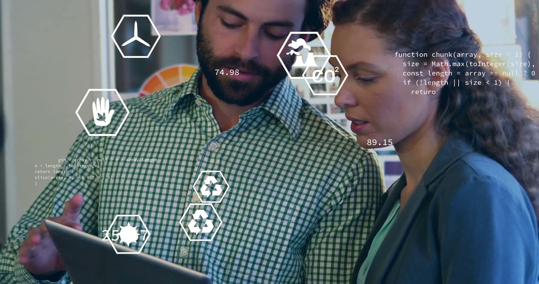 Diverse Colleagues Using Tablet with Ecology and Technology Interface