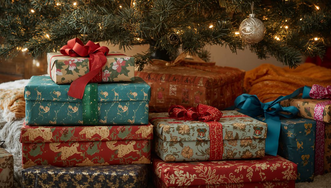 Festive Christmas Gift Boxes Under Tree with Lights