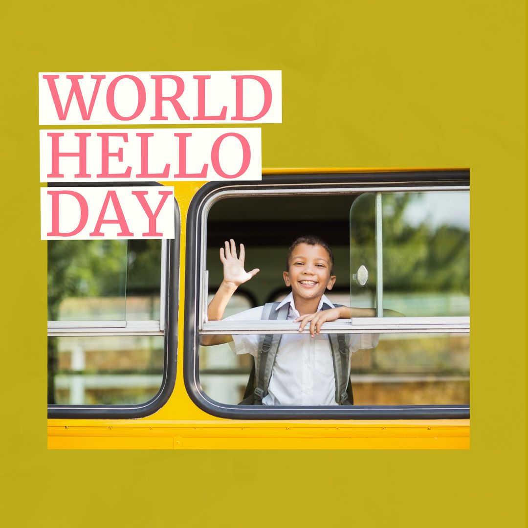 Celebrating World Hello Day with Smiling Schoolboy Waving from Bus