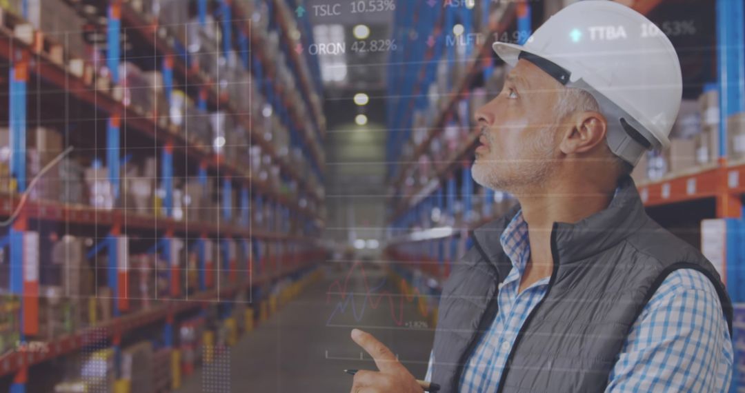 Warehouse Worker Analyzing Data with Augmented Reality