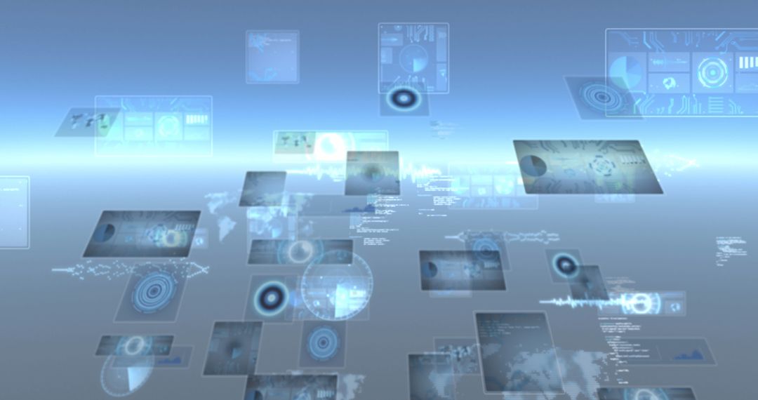 Floating digital interfaces and data processing symbolizing global connectivity