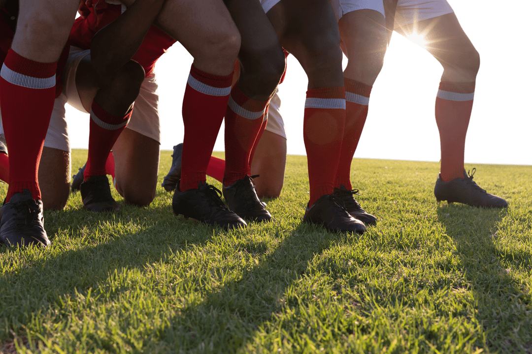 Transparent Rugby Team Preparing for Scrum in Natural Light
