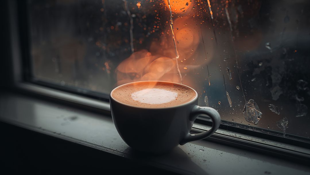 Steaming Latte on Rainy Window Sill with Warm Bokeh and Cozy Moody Light, Ceramic Cup